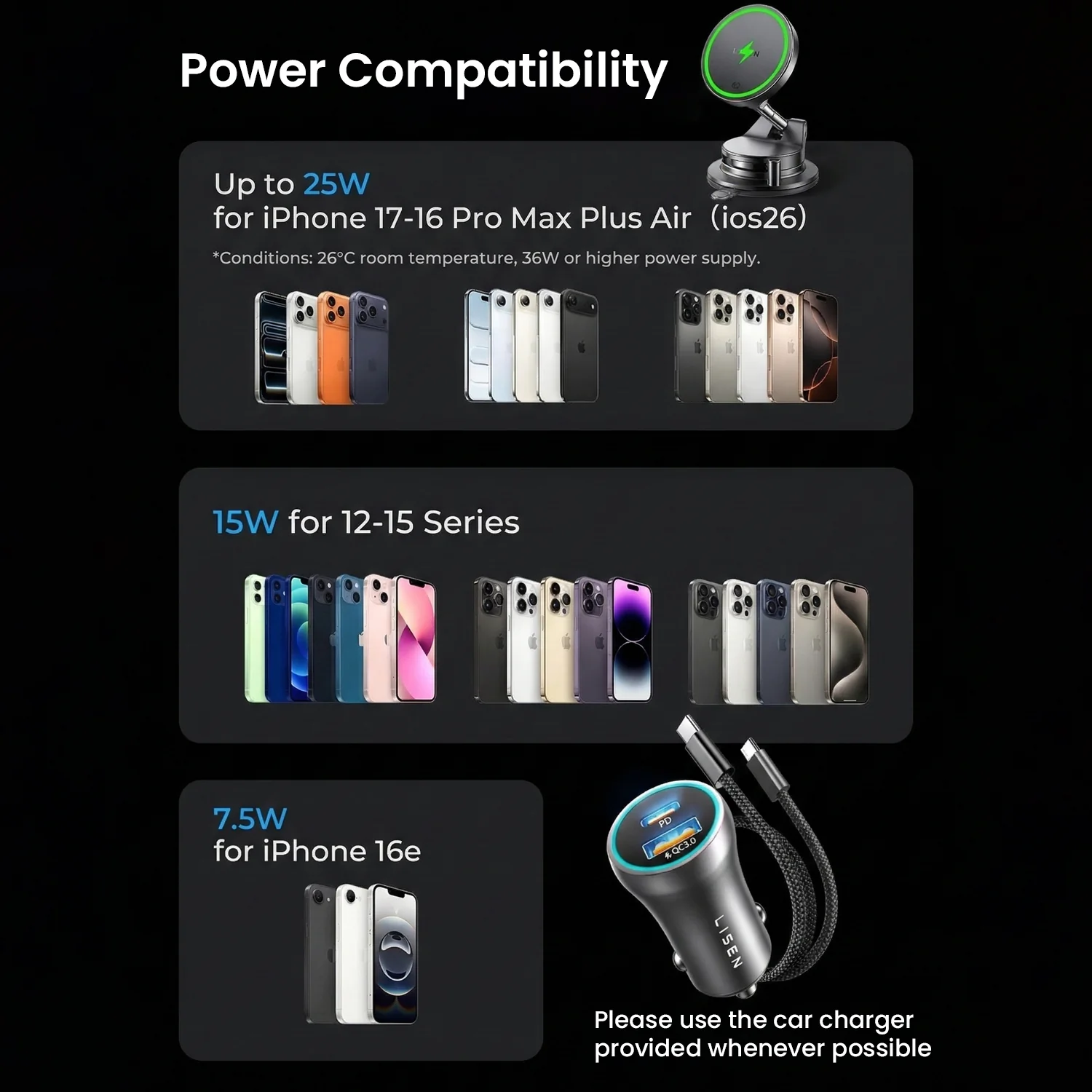 LISEN- Qi2.2 25W MagSafe Phone Holder with 54W Car Charger Adapter - Image 9