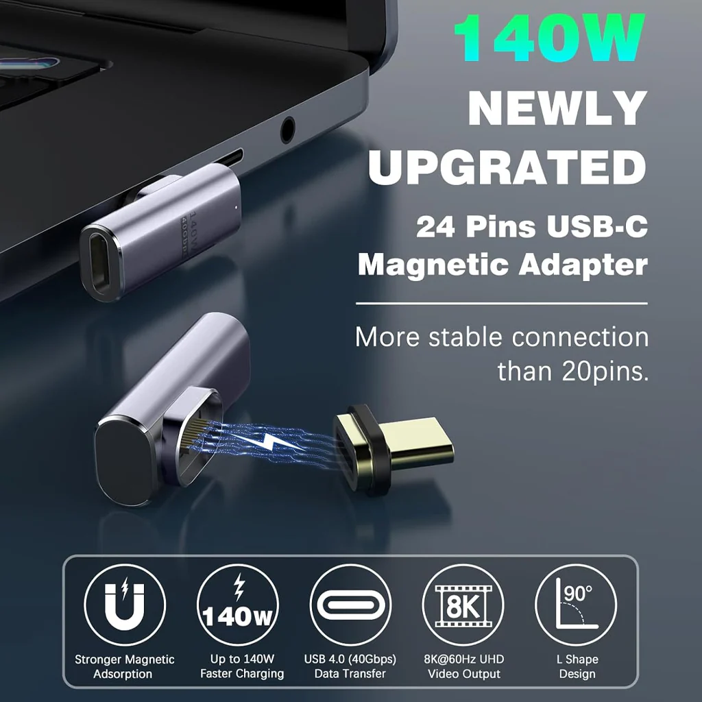 TECPHILE - 140W 40Gbps Type C Female to Type C Male Magnetic Adapter - Image 2