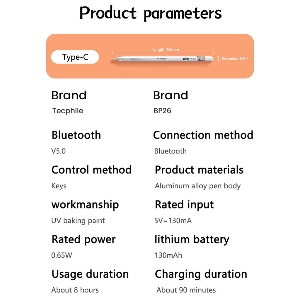 TECPHILE BP26 iPad Pencil with LED Display, Palm Rejection & Tilt Sensitivity - Image 16