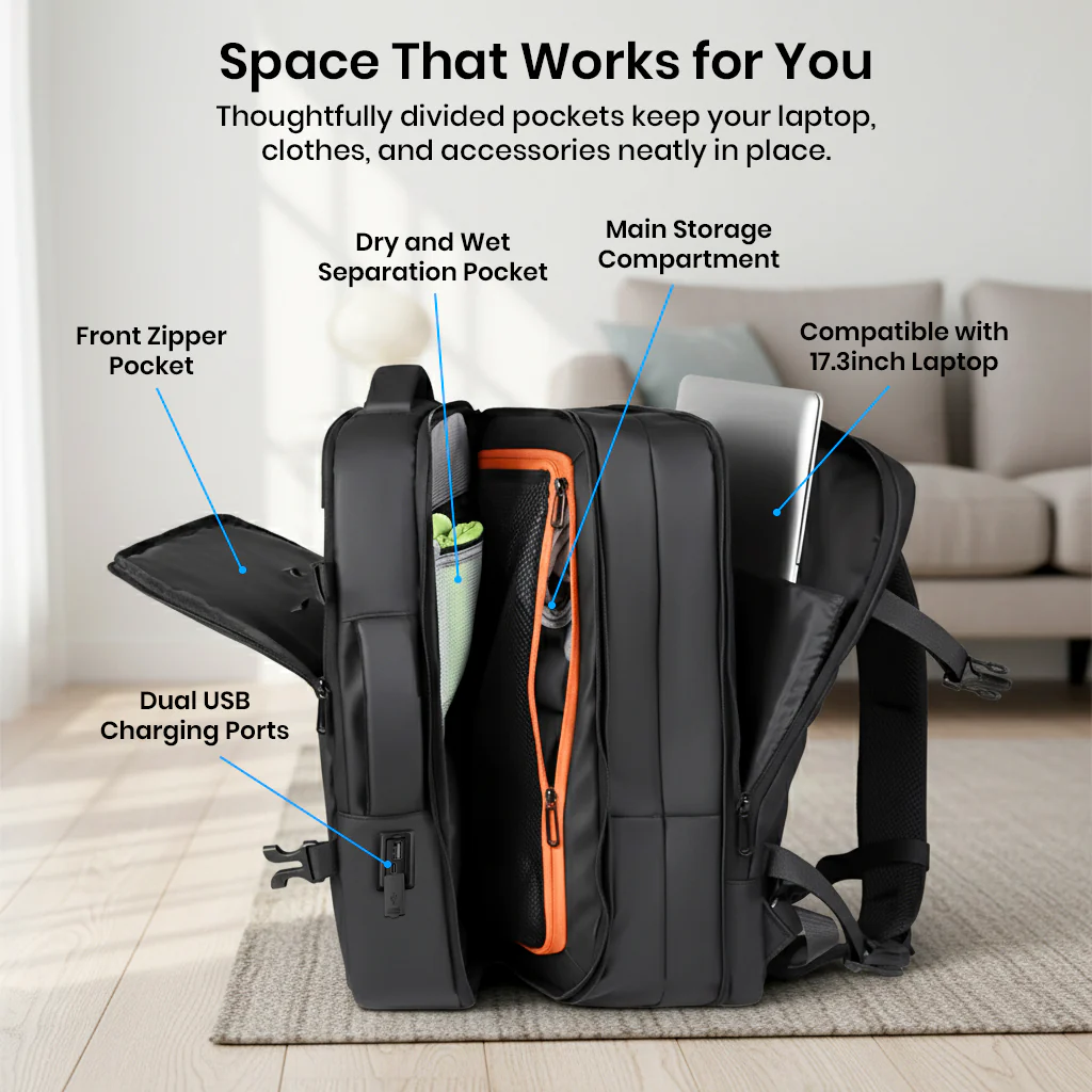 TECPHILE – Laptop Bag 35L Expandable Anti-Theft Travel Backpack for Men with USB Port - Image 3